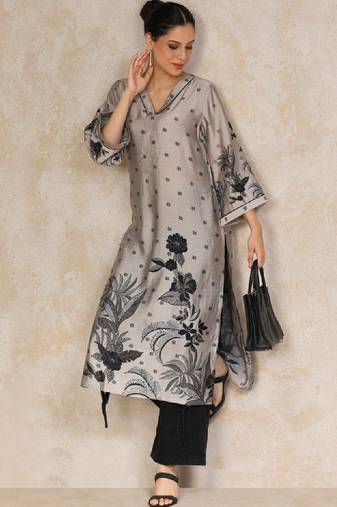 Floral printed flared sleeves straight chanderi cotton kurta