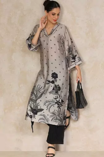 Floral printed flared sleeves straight chanderi cotton kurta
