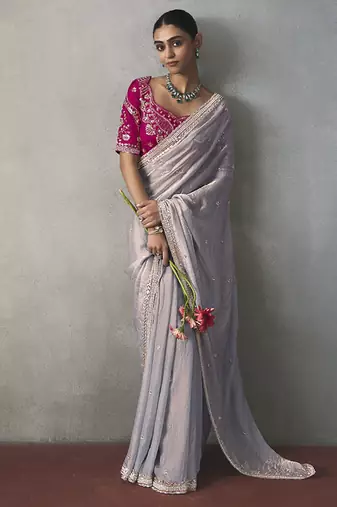 silver silk blend sequince designer border party wear saree