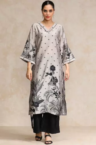 Floral printed flared sleeves straight chanderi cotton kurta