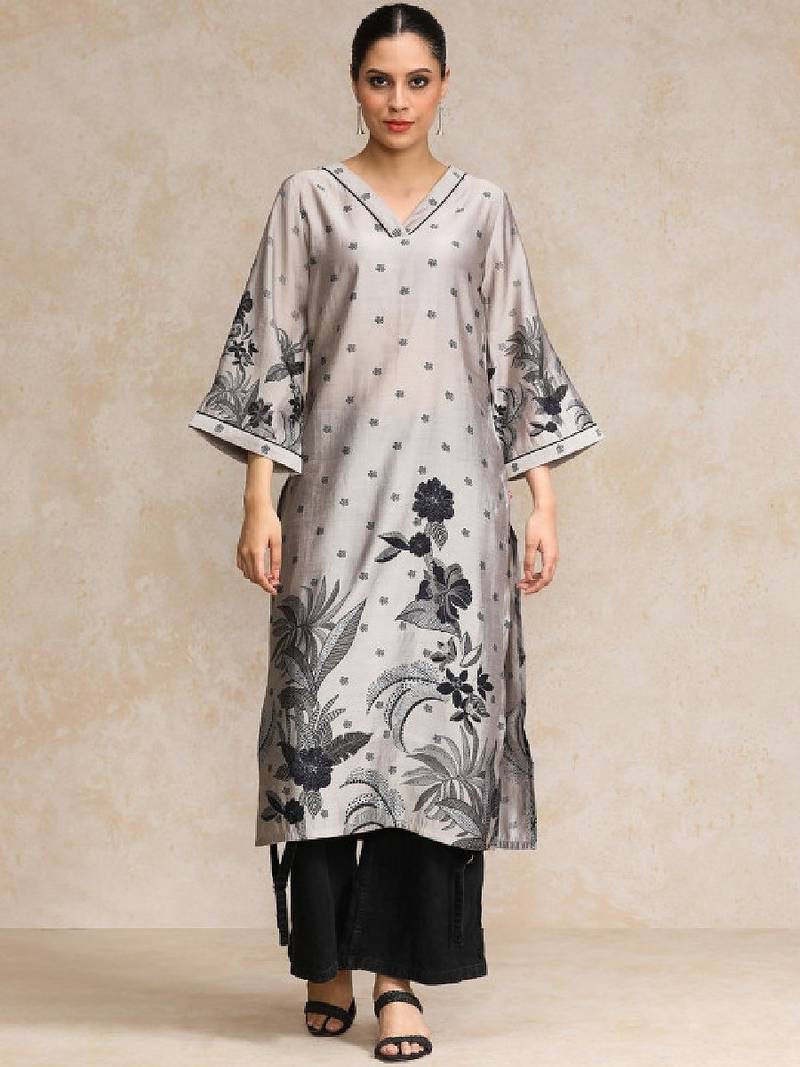 Floral printed flared sleeves straight chanderi cotton kurta