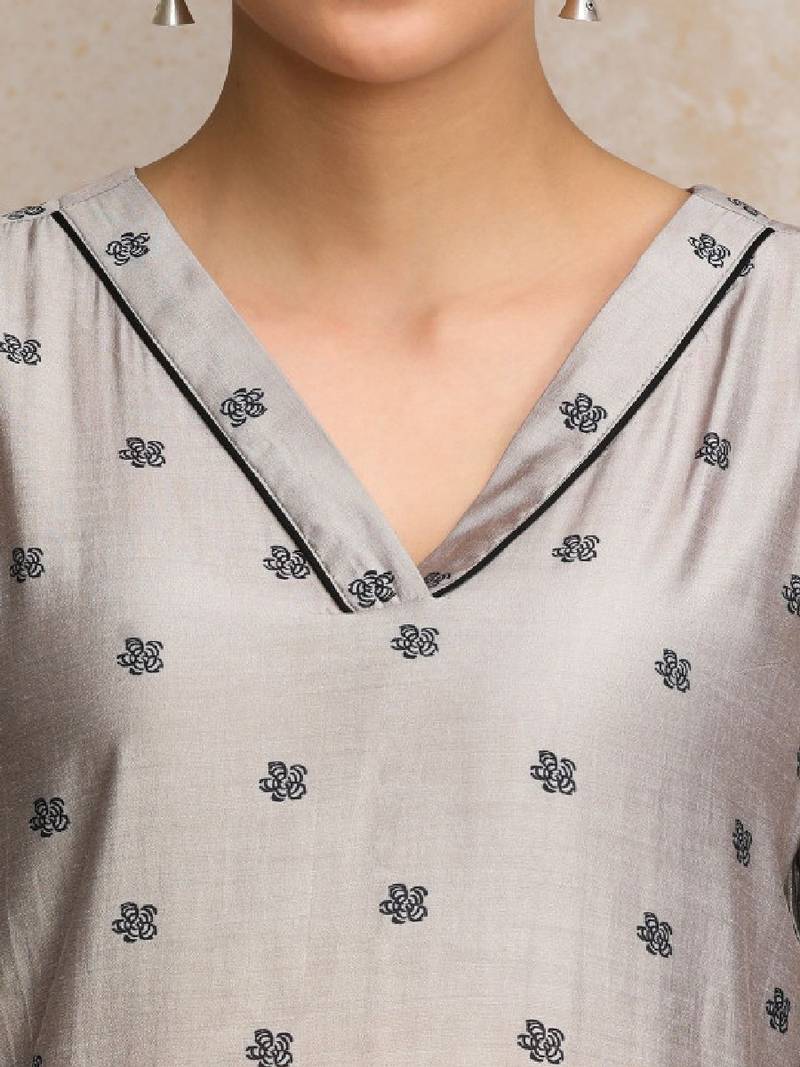 Floral printed flared sleeves straight chanderi cotton kurta
