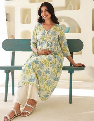 Women's off white pure cotton floral printed a-line maternity kurta 1