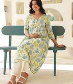 Women's off white pure cotton floral printed a-line maternity kurta