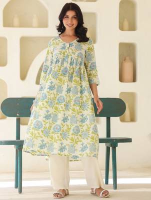 Women's off white pure cotton floral printed a-line maternity kurta 2