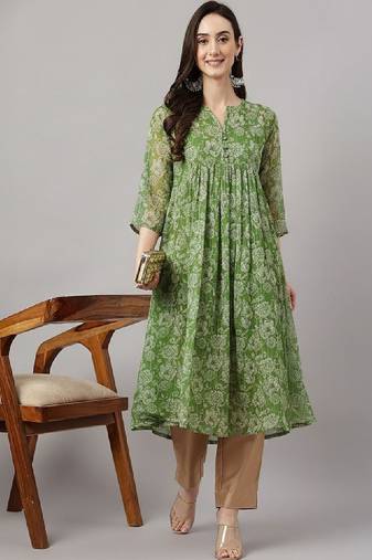 Women's green chiffon lurex floral printed a-line kurta