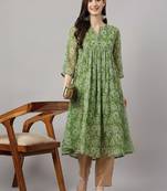 Women's green chiffon lurex floral printed a-line kurta