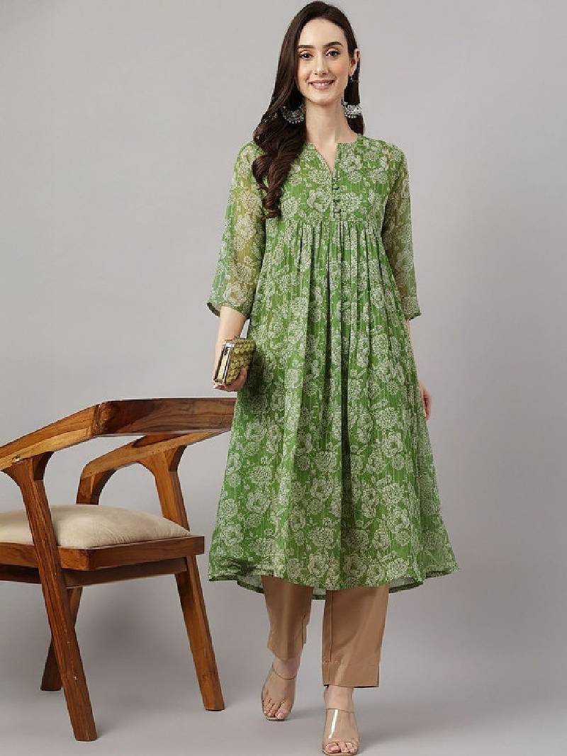 Women's green chiffon lurex floral printed a-line kurta
