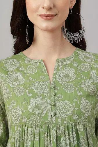 Women's green chiffon lurex floral printed a-line kurta