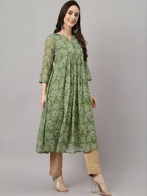 Women's green chiffon lurex floral printed a-line kurta 3