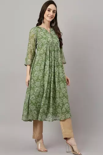 Women's green chiffon lurex floral printed a-line kurta