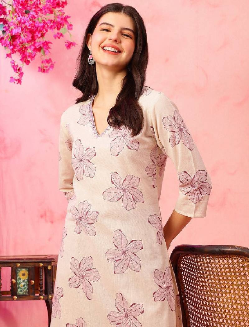 Floral printed v-neck cotton straight kurta