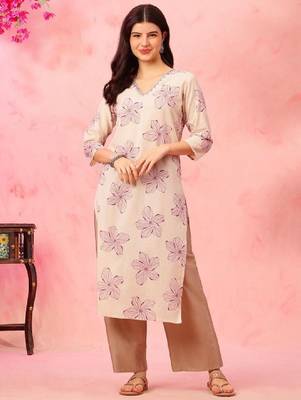Floral printed v-neck cotton straight kurta 2