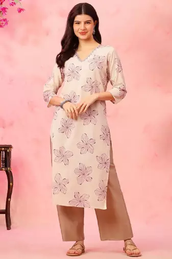 Floral printed v-neck cotton straight kurta