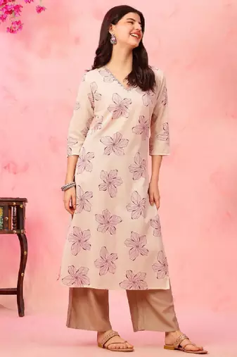 Floral printed v-neck cotton straight kurta