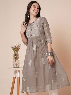 Women muga cotton flared chikankari embroidered kurta 1