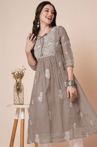 Women muga cotton flared chikankari embroidered kurta