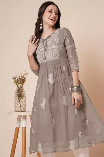 Women muga cotton flared chikankari embroidered kurta