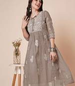 Women muga cotton flared chikankari embroidered kurta