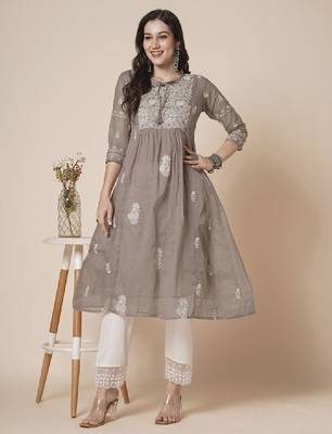 Women muga cotton flared chikankari embroidered kurta 2