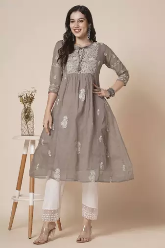 Women muga cotton flared chikankari embroidered kurta