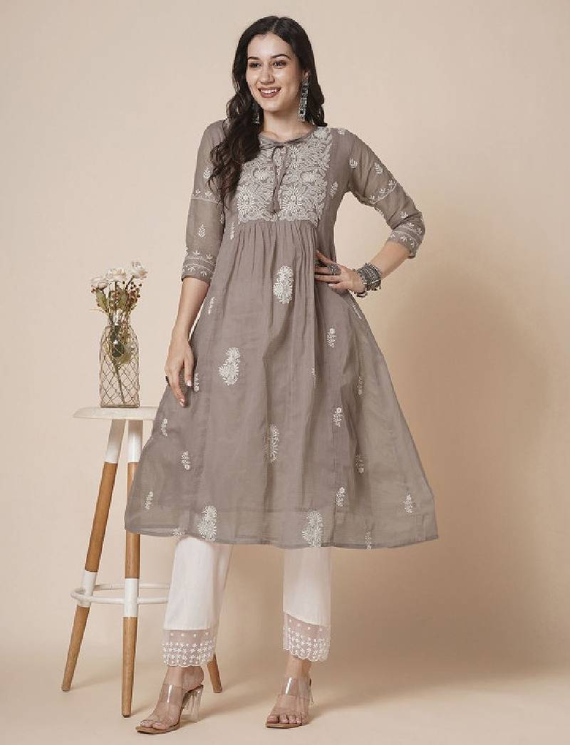 Women muga cotton flared chikankari embroidered kurta