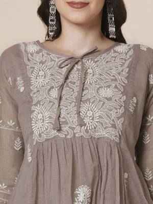 Women muga cotton flared chikankari embroidered kurta 3