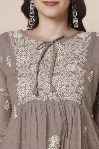 Women muga cotton flared chikankari embroidered kurta