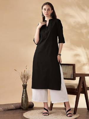 Women mandarin collar regular straight cotton kurta 1