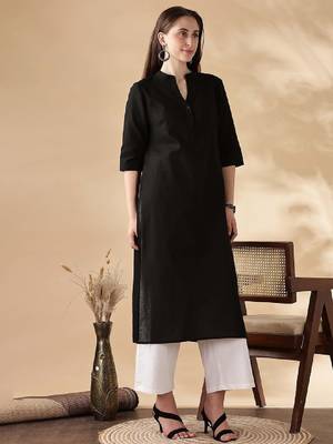 Women mandarin collar regular straight cotton kurta 3
