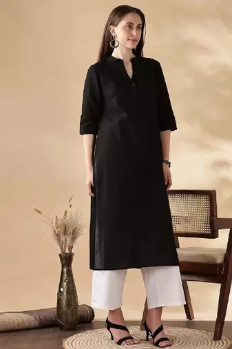 Women mandarin collar regular straight cotton kurta