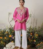 Women floral pink kashmiri aari work cotton short kurta