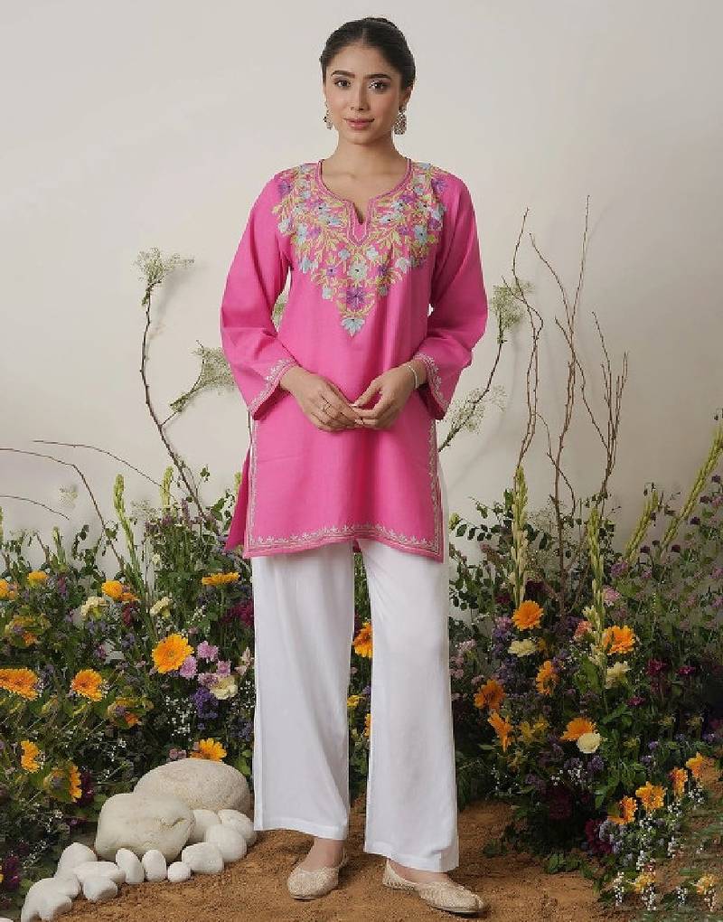 Women floral pink kashmiri aari work cotton short kurta