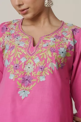 Women floral pink kashmiri aari work cotton short kurta