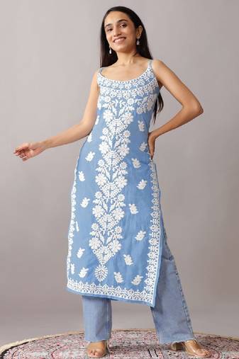 Chikankari embroidered floral cotton straight knee length kurta