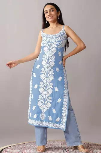 Chikankari embroidered floral cotton straight knee length kurta
