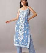 Chikankari embroidered floral cotton straight knee length kurta