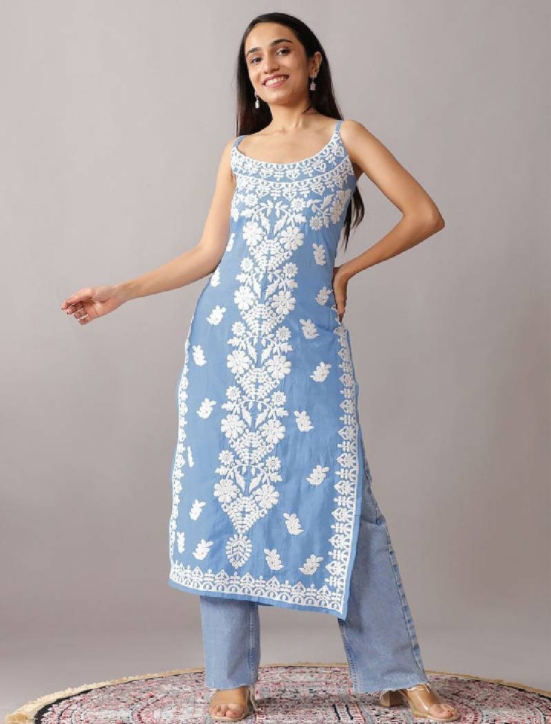 Chikankari embroidered floral cotton straight knee length kurta