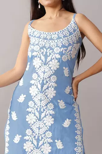 Chikankari embroidered floral cotton straight knee length kurta