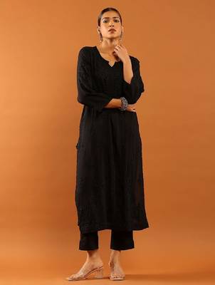 Women black modal chikankari embroidered kurta 1