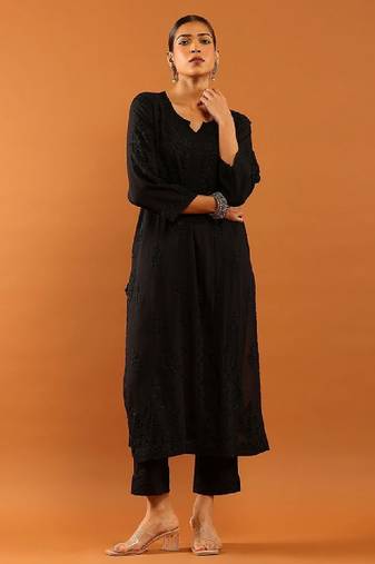 Women black modal chikankari embroidered kurta