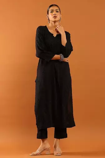 Women black modal chikankari embroidered kurta
