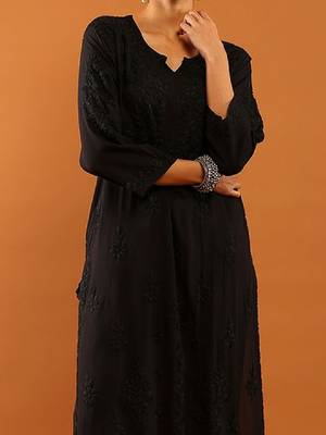 Women black modal chikankari embroidered kurta 2
