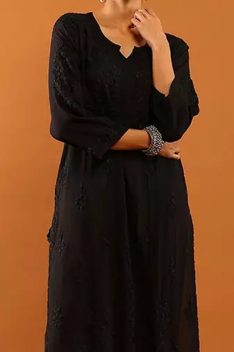 Women black modal chikankari embroidered kurta