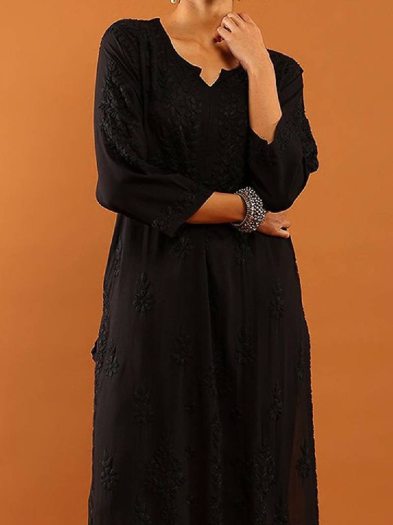 Women black modal chikankari embroidered kurta