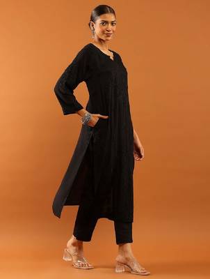 Women black modal chikankari embroidered kurta 3