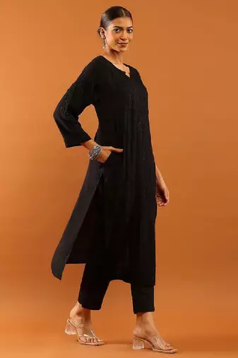 Women black modal chikankari embroidered kurta