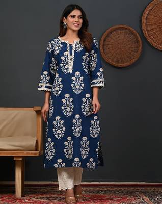 Ethnic motifs printed round neck zari straight pure cotton kurta 2