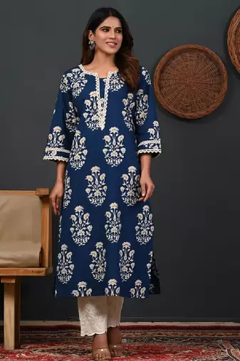 Ethnic motifs printed round neck zari straight pure cotton kurta