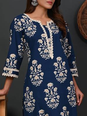 Ethnic motifs printed round neck zari straight pure cotton kurta 3